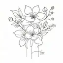 Flowers and tiny objects, with the words 'Scott Street, 2:54' tattoo design idea