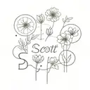 Flowers and tiny objects, with the words 'Scott Street, 2:54' tattoo design idea