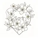 Flowers and tiny objects, with the words 'Scott Street, 2:54' tattoo design idea