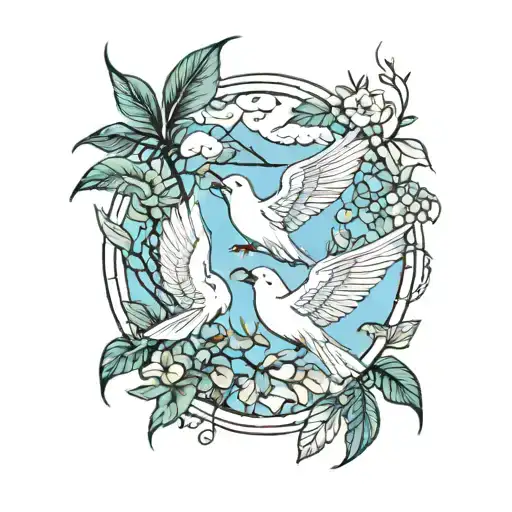 3 doves, palm branches, vines, mountains, sky tattoo design idea