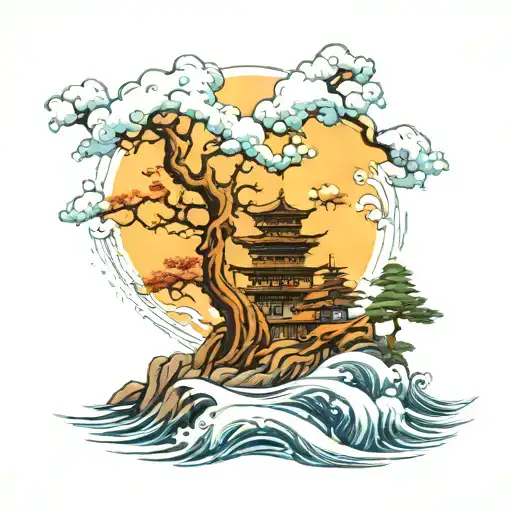 house of sea and pine trees tattoo design idea