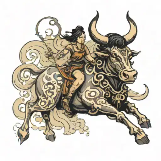 Tattoo on the arm for a man. Asian girl riding a menacing bull coming out of the smoke, both have white eyes tattoo design idea