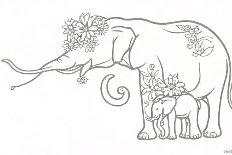 Elephant, son, daisy, line, heart tattoo design idea