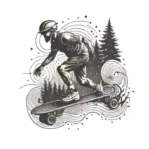 A trailrunner racing through a forest of sound waves with loadspeakers and skateboards.  tattoo design idea