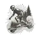 A trailrunner racing through a forest of sound waves with loadspeakers and skateboards.  tattoo design idea