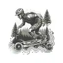 A trailrunner racing through a forest of sound waves with loadspeakers and skateboards.  tattoo design idea