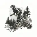 A trailrunner racing through a forest of sound waves with loadspeakers and skateboards.  tattoo design idea