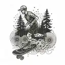 A trailrunner racing through a forest of sound waves with loadspeakers and skateboards.  tattoo design idea