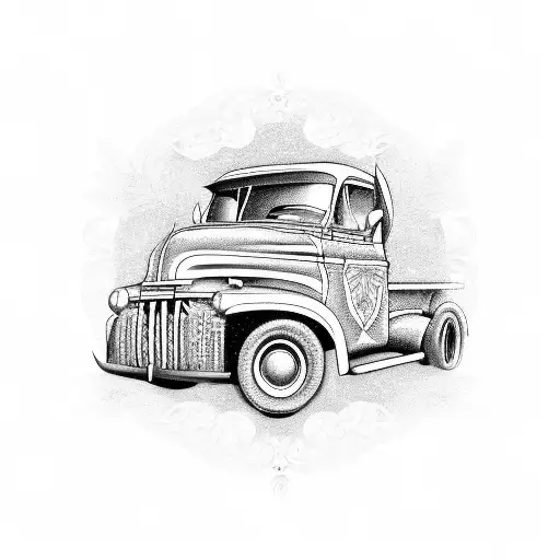 A tattoo design of a truck and a floral arrangement with a subtle legal theme incorporated tattoo design idea