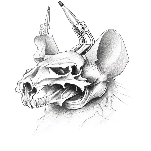 rat skull, electronic intelligence, handheld radio, rifle, crossed lightnings tattoo design idea