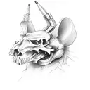 rat skull, electronic intelligence, handheld radio, rifle, crossed lightnings tattoo design idea