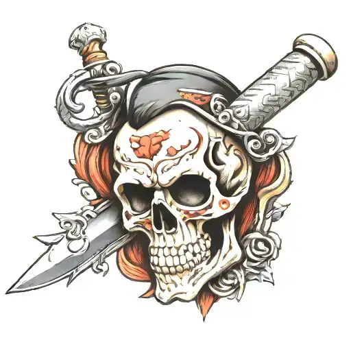 german skull with sword piercing tattoo design idea