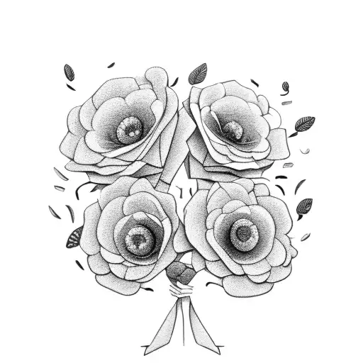 A bouquet of flowers formed by open books with coffee cups scattered in between tattoo design idea