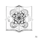 A flower garden growing out of an open book, with coffee beans sprinkled among the petals tattoo design idea