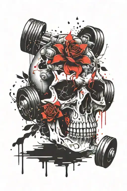 skull  flower gym dumbbell tattoo design idea