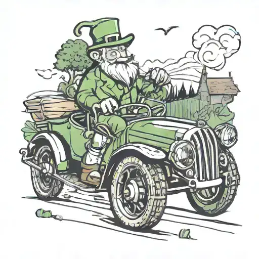 Design a tattoo of a leprechaun driving a sports car through the Irish countryside tattoo design idea