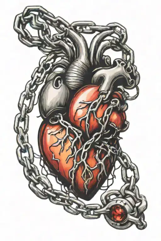 a realistic heart traditional tattoo attached to a chain but the chain is broken  tattoo design idea