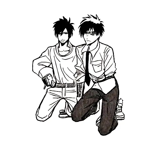 a anime badass boy  which hold a gun in his right hand and a cigarette is hold on his left hand  and a hot girl kneel of tattoo design idea