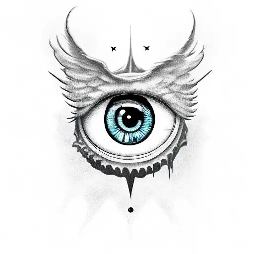 eye with wings and a Hellboy like tail tattoo design idea