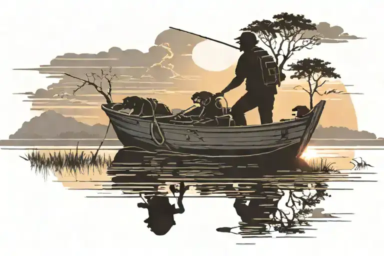 sunrise sky with silhouette of a man fishing in a lake in his boat and motor with his dog.  Man has a baseball cap on tattoo design idea