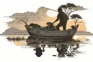 sunrise sky with silhouette of a man fishing in a lake in his boat and motor with his dog.  Man has a baseball cap on tattoo design idea