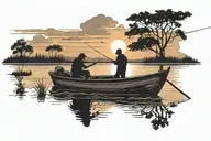 sunrise sky with silhouette of a man fishing in a lake in his boat and motor with his dog.  Man has a baseball cap on tattoo design idea