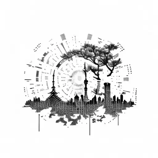 A Tokyo skyline with a hidden tribute to JDM cars in the architecture tattoo design idea