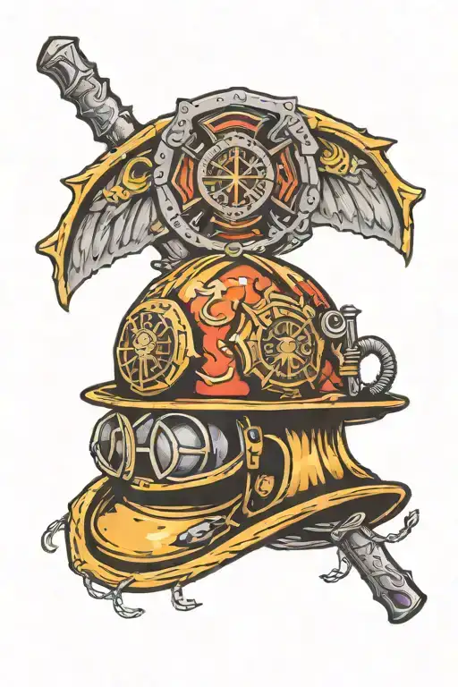 Christian firefighter helmet resting tattoo design idea
