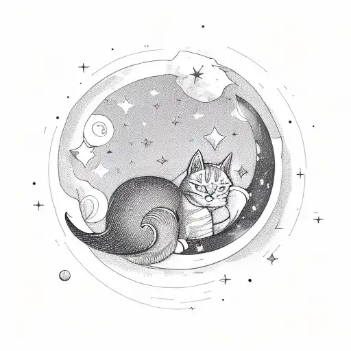 An orange cat sleeping on a crescent moonsurrounded by stars tattoo design idea