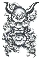 laugh now cry later oni mask tattoo design idea