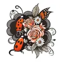flowers with a ladybug and princess  crown surrounded my music notes tattoo design idea