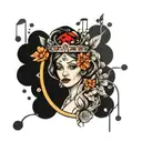 flowers with a ladybug and princess  crown surrounded my music notes tattoo design idea