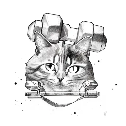 A muscular cat lifting weights with dumbbells shaped like gaming controllers tattoo design idea