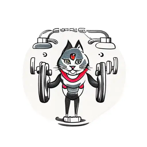 A muscular cat lifting weights with dumbbells shaped like gaming controllers tattoo design idea