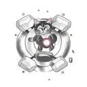 A muscular cat lifting weights with dumbbells shaped like gaming controllers tattoo design idea