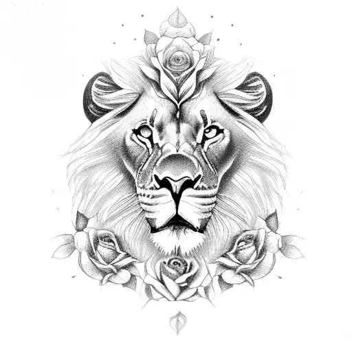 guardian angel women, roses and lilacs, lion, puma  tattoo design idea