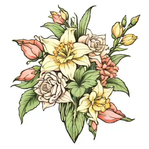 Flower boquet with gladiolus flower, daisy flower, Narcissus flower, water lily flower tattoo design idea