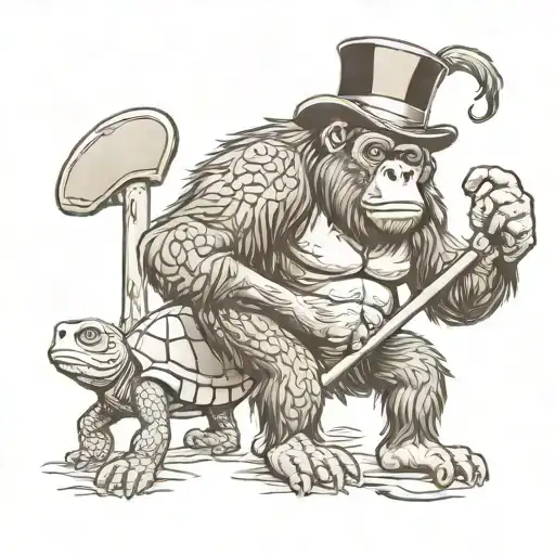 gorilla wearing a top hat holding a shovel with a turtle walking next to it tattoo design idea