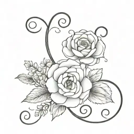 ranunculus flower with filigree lines and integrated Letters  P F M B tattoo design idea
