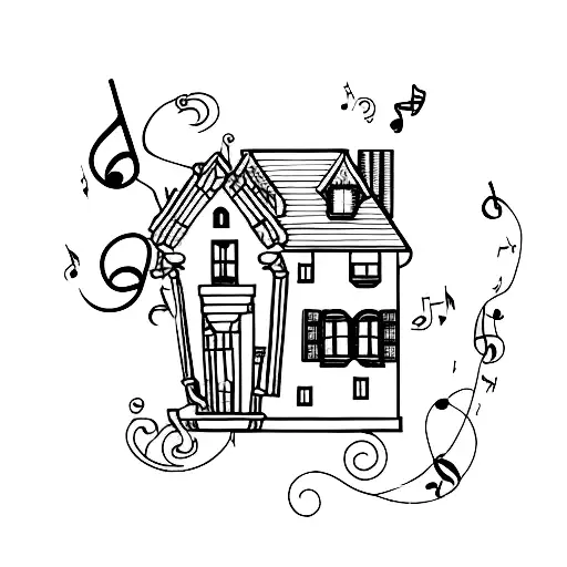A minimalist tattoo of a tiny haunted house surrounded by music notes tattoo design idea
