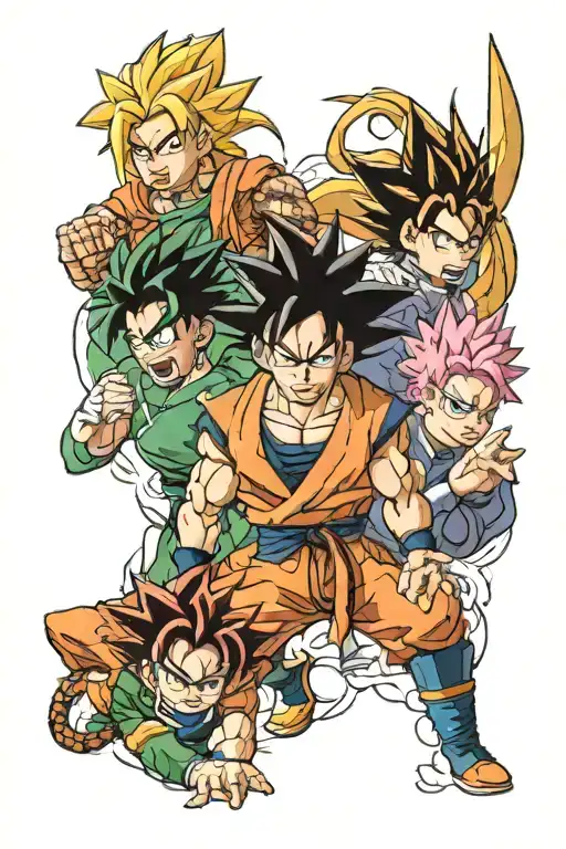 Goku, Naruto, Izuku Midoriya, Tanjiro Kamado, Yoichi Isagi tattoo design idea