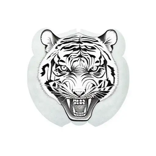 tattoo with a tiger, the sign of libra, with impaled gears and car parts on the arm tattoo design idea