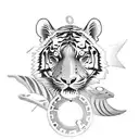 tattoo with a tiger, the sign of libra, with impaled gears and car parts on the arm tattoo design idea