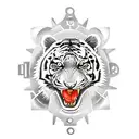 tattoo with a tiger, the sign of libra, with impaled gears and car parts on the arm tattoo design idea