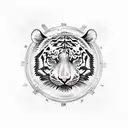 tattoo with a tiger, the sign of libra, with impaled gears and car parts on the arm tattoo design idea