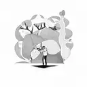 gold miner lying next to a tree whisking away in time with his trusty donkey kneeling next to him  tattoo design idea