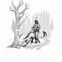 gold miner lying next to a tree whisking away in time with his trusty donkey kneeling next to him  tattoo design idea