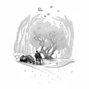 gold miner lying next to a tree whisking away in time with his trusty donkey kneeling next to him  tattoo design idea