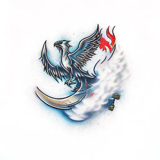 A phoenix rising from smoke, with a sword clutched in its talons tattoo design idea