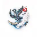 A phoenix rising from smoke, with a sword clutched in its talons tattoo design idea